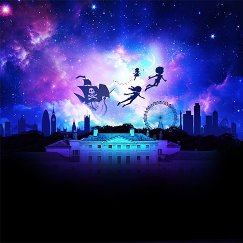 Illustration of a silhouetted Peter Pan, Wendy, Tinkerbell and pirate ship in front of Kenwood and the London skyline Illustration of a silhouetted Peter Pan, Wendy, Tinkerbell and pirate ship in front of Kenwood and the London skyline