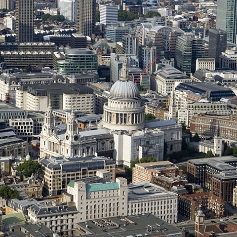 Aerial photo of St Paul's Cathedral with other buildings surrounding it