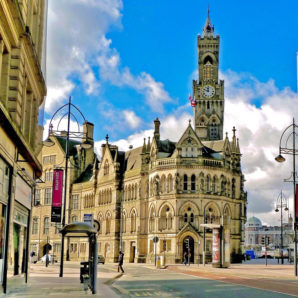 Photo of a historical building in Bradford city centre on a sunny day