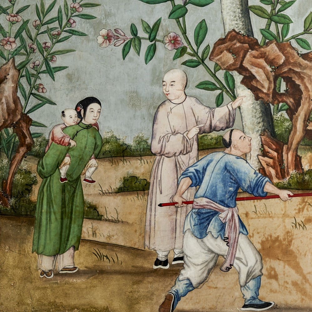 Wall painting showing three Chinese people from the Chinese Wallpaper rooms at Wrest Park