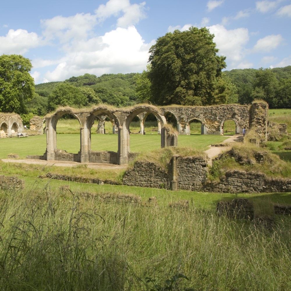 Photo of the remains of Hailes Abbey with a forest in the background