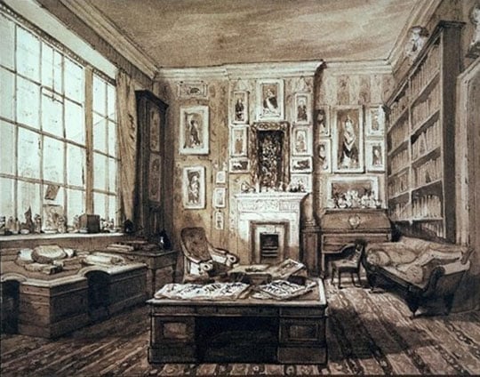 Monochrome drawing showing a high-ceilinged room with desks covered in papers, an armchair and sofa, a large ornate pale fireplace on a wall covered in portraits and the wall opposite the window entirely covered in bookcases Monochrome drawing showing a high-ceilinged room with desks covered in papers, an armchair and sofa, a large ornate pale fireplace on a wall covered in portraits and the wall opposite the window entirely covered in bookcases