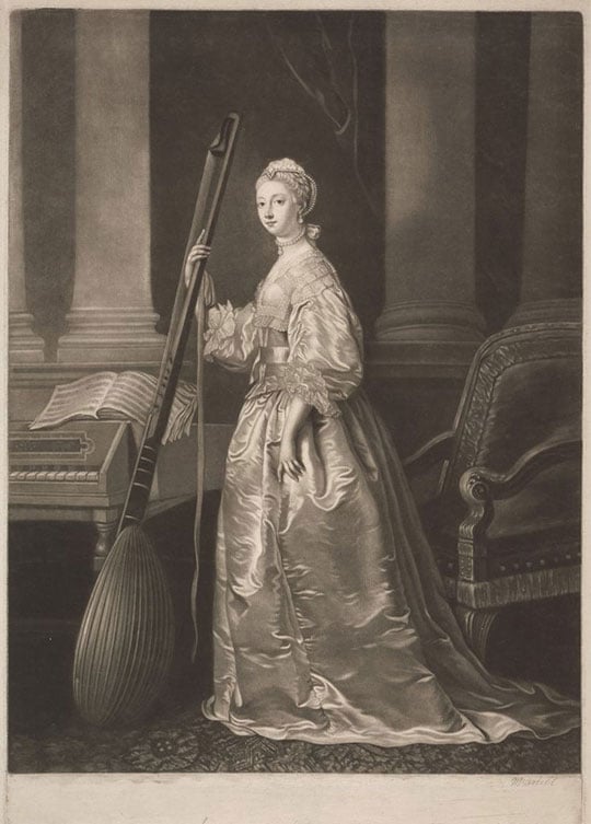 Mezzotint of a full-length portrait of Mary, Viscountess Coke