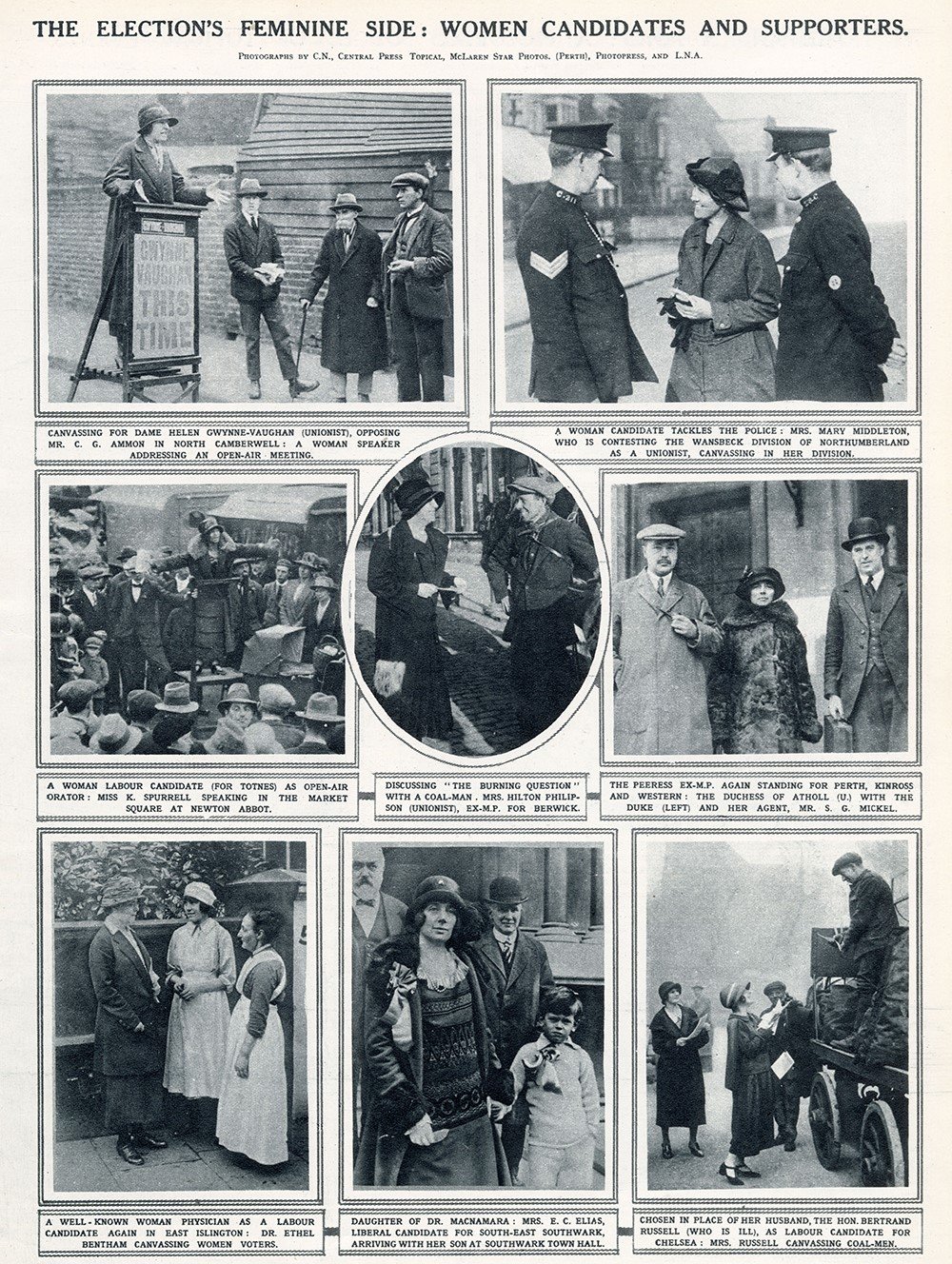 An article published in the Illustrated London News in October 1924 showing various women candidates on campaign across the country. Mary Middleton is shown with policemen in Wansbeck (top right)