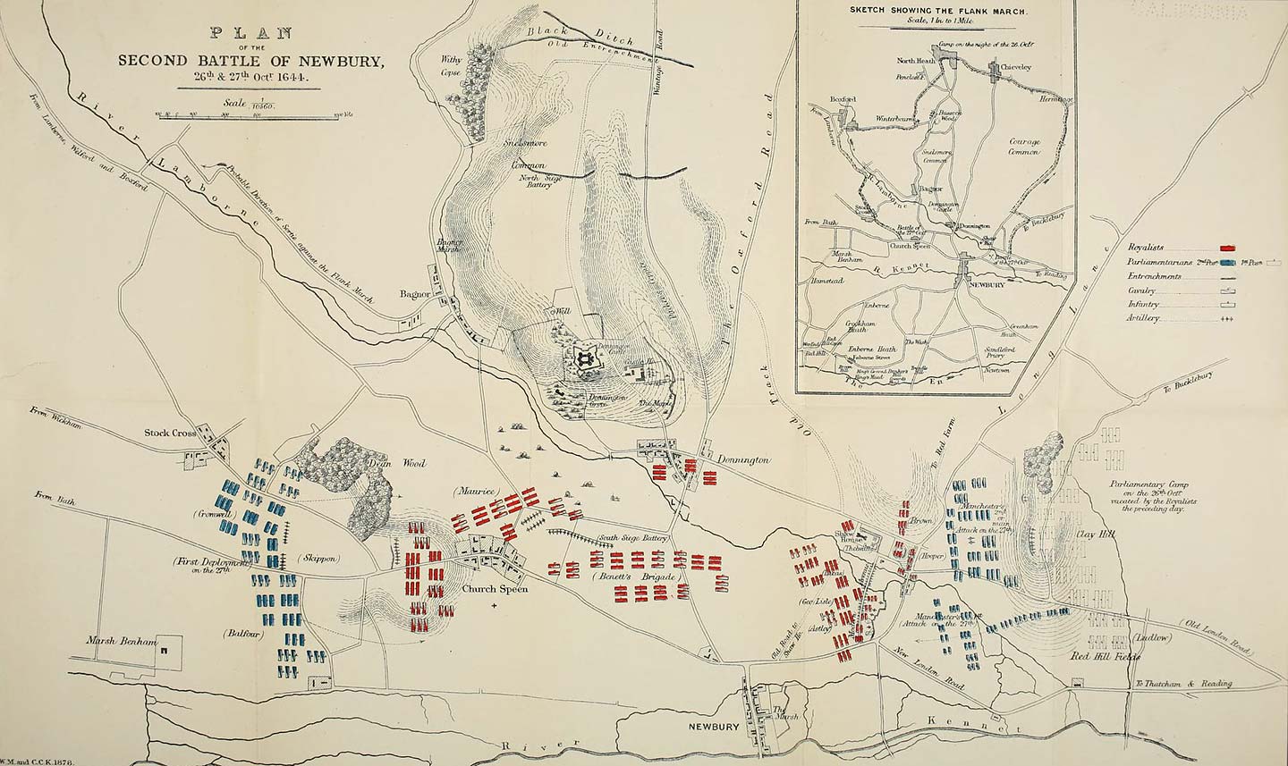 Plan of the Second Battle of Newbury, showing how the Royalists (positions in red) held the ground north of Newbury (bottom, centre) and south of Donnington Castle, while the Parliamentary army (shown in blue) attacked them from east and west. The inset shows the route of the Parliamentarians’ ‘flanking march’. From Walter Money’s Battles of Newbury (2nd edition, 1884)