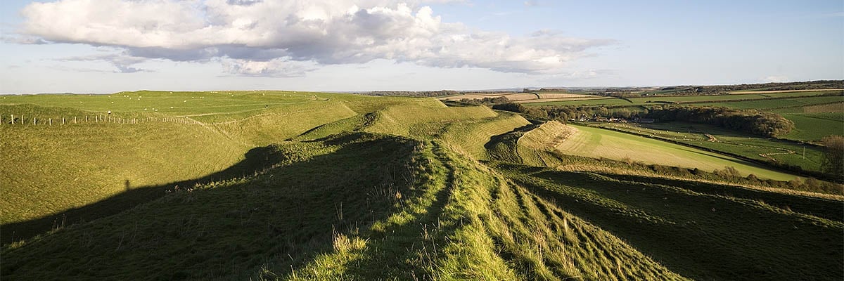 A view along the ramparts of Maiden Castle