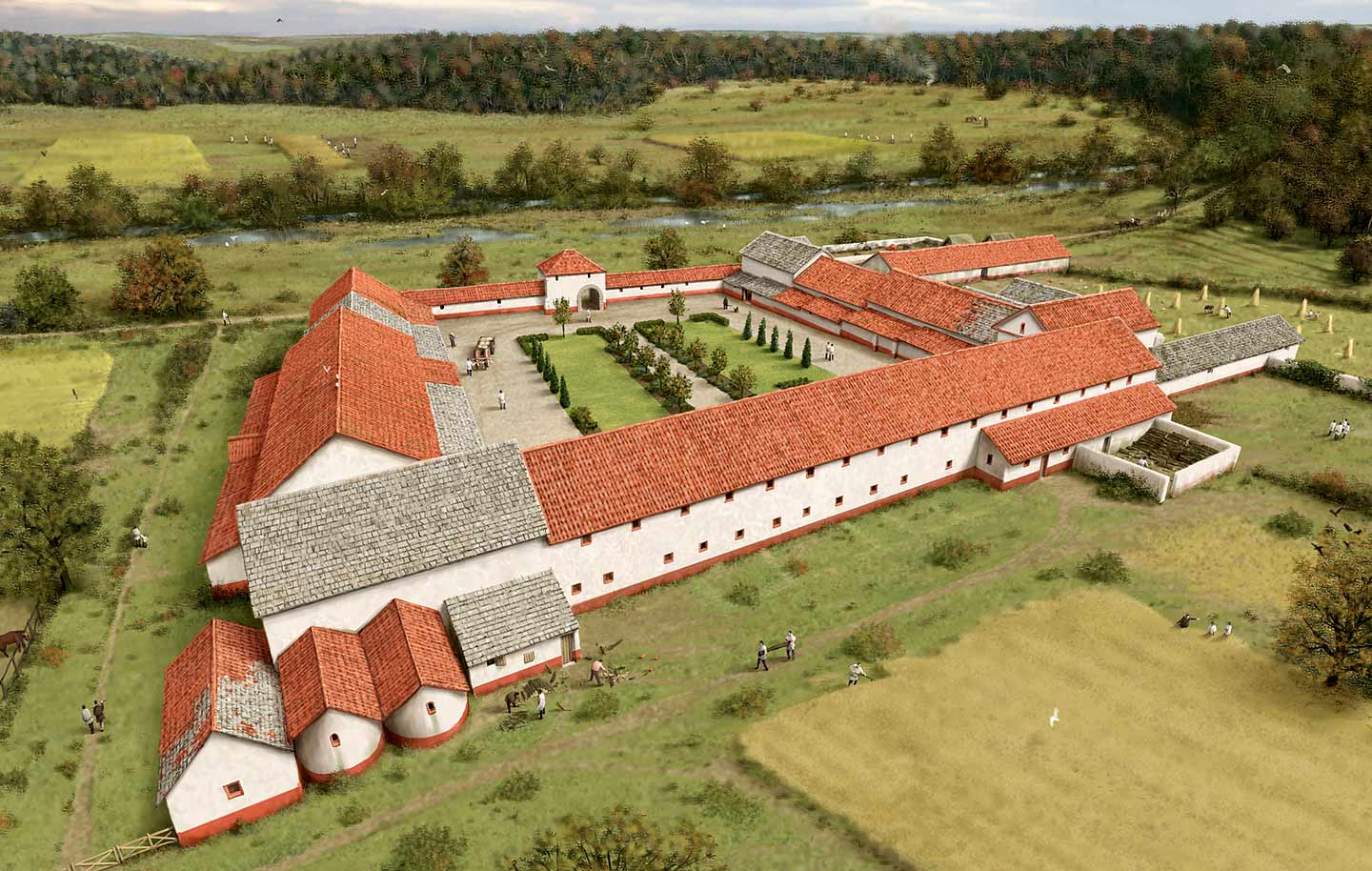 An artist’s impression of a Roman villa and its surroundings, seen from the air