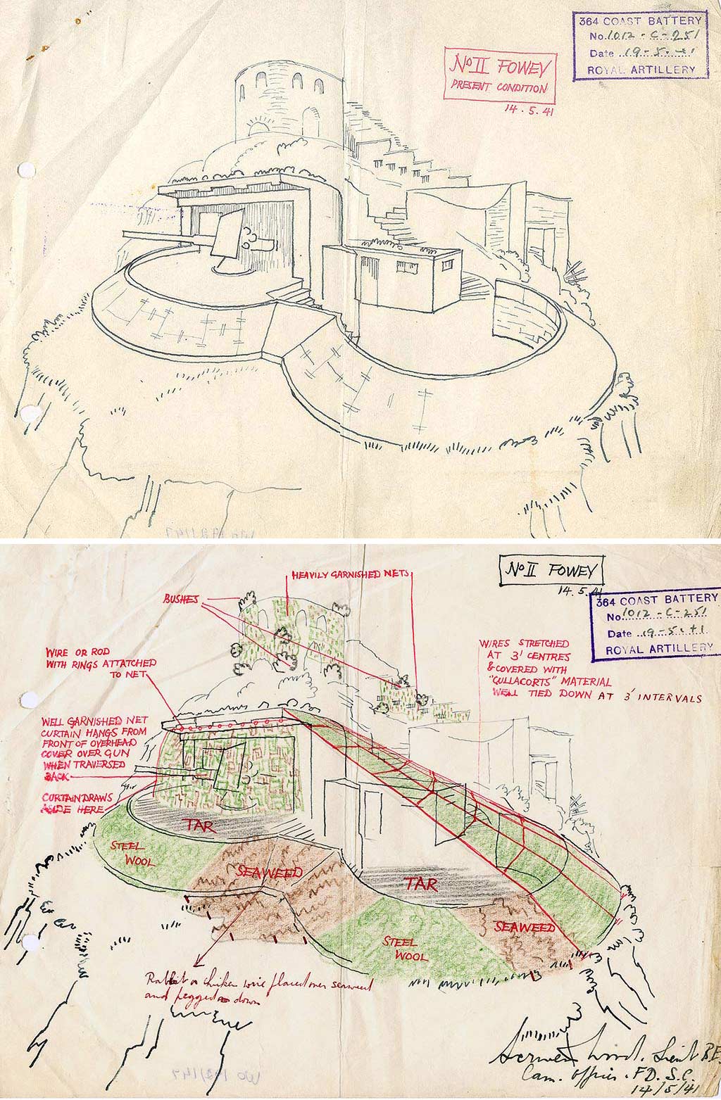 Two sketches made by a soldier in 1941, showing one of Fowey Battery’s 4.7-inch guns occupying a Victorian emplacement. To its right are a gunners’ shelter and the other, empty Victorian emplacement. In the lower sketch the soldier has shown the battery’s camouflage materials and methods